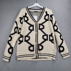 PRETTY GARDEN Sweater Size SMALL‎ Ivory Black Chunky Knit Cardigan NEW